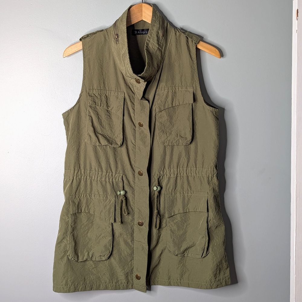 Allegra K Olive Green Polyester Drawstring Waist Zip Up Cargo Vest M